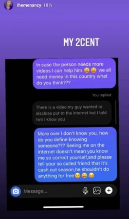 Iheme Nancy Bluntly Confronts Man Who Has a ‘Video of Her’ That Is About To Leak (Screenshots)