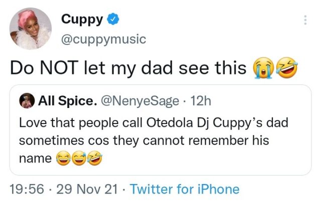 “Don’t Let My Father See This“– DJ Cuppy Cautions Man Who Made Fun of Her Father