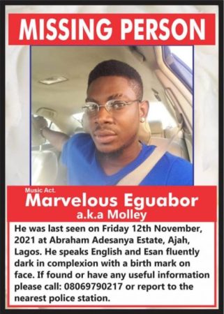 Nigerian Artiste, Marvelous Eguabor A.K.A Molley Reportedly Missing