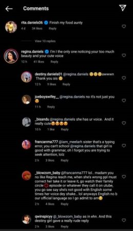 Regina Daniels’ Sister, Destiny, Defends Her against a Grammarian Who Pointed Out Her Blunder