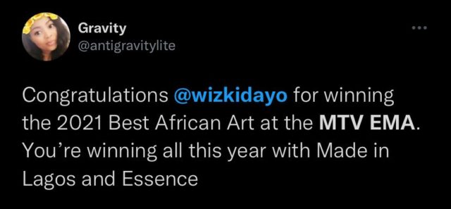 See Reactions to Wizkid Best African Act Award at MTV EMA 2021 NotjustOK