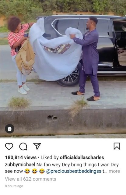 Fan Surprises nollywood star, Zubby Michael with a Customized Bed sheet [Photos]