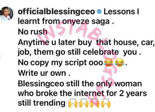 Don’t Copy My Script, Write Yours – Blessing Okoro Warns Papaya Over Mansion Saga