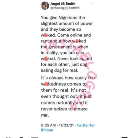 BBN Angel takes a Swipe at Nigerian, Accuses Nigerians of Being Naturally Wicked