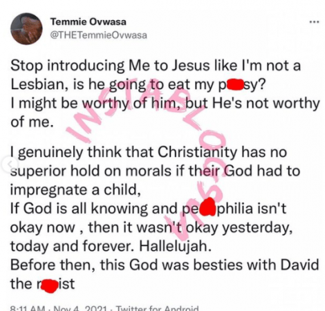 Stop Introducing Me to Jesus, He’s Not Worthy of Me – Temmie Ovwasa Discloses