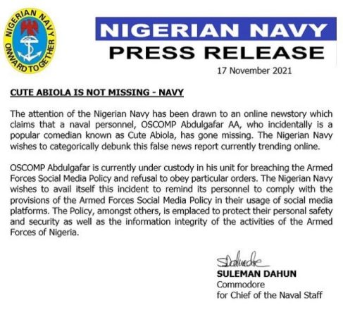 Nigerian Navy Divulges the Location of Missing Comedian, Cute Abiola