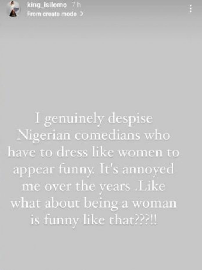 BBN Isilomo, Claps Back At Funnybone after Her Comment on ‘Male Comedians Who Dress As Women’