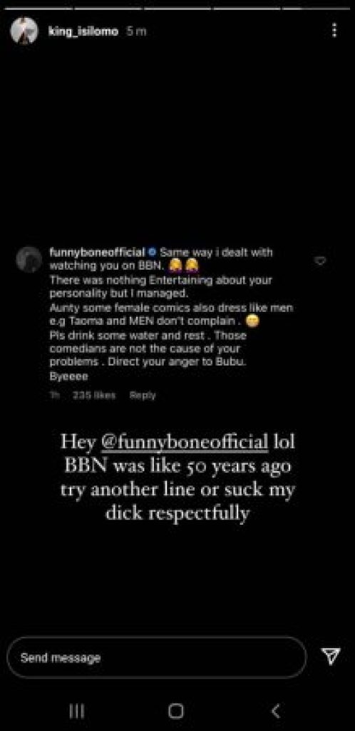 BBN Isilomo, Claps Back At Funnybone after Her Comment on ‘Male Comedians Who Dress As Women’