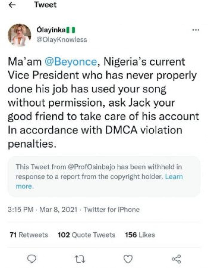 Twitter removes Vice President Yemi Osinbajo’s post for copyright violation of Beyoncé’s song