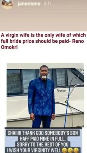 Janemena Reacts To Reno Omokri’s Post That Only Virgins Deserve To Have Their Bride Price Paid In Full