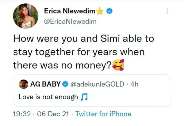 BBN Erica, Omah Lay Reacts to Adekunle Gold’s Tweet Asserting That “Love Is Not Enough”