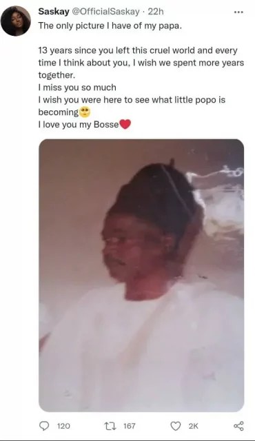 BBN Saskay Pens Heartfelt Message as She Remembers Her Late Dad