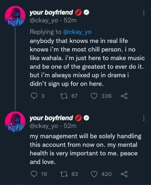 ‘My Mental Health is Important’– Ckay Reacts After Being Dragged For Liking A H*Te Tweet against Wizkid