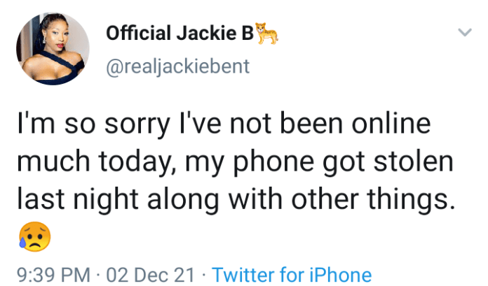 Jackie B Cries Out as Her Phone, Other Valuables Were Stolen On Her Birthday