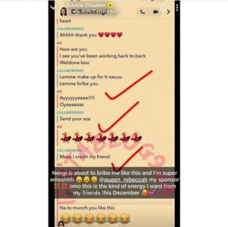 Lady Shocked, Exposes Chat with Nengi Who ‘Bribed’ Her with N500K [SCREENSHOTS]