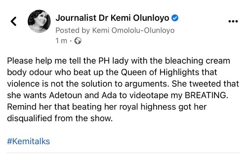 ‘PH Lady with Body Odour’– Kemi Olunloyo Scorns Tacha After She Asked People to Record Her Beating