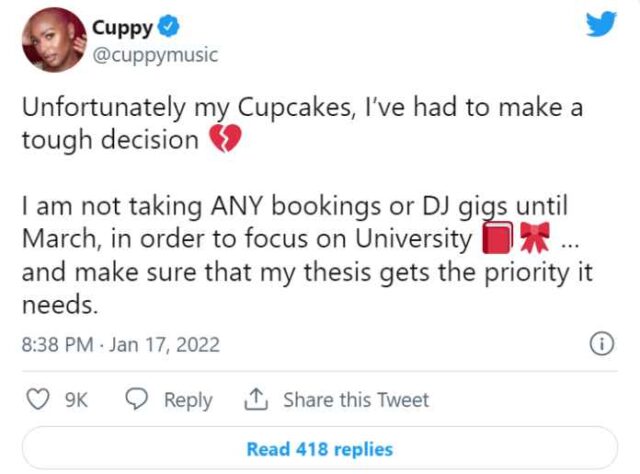 “I Will No Longer Take Any Work Bookings So I Can Focus On School”– DJ Cuppy
