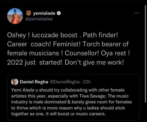 Yemi Alade Responds to Fan Who Requests for More Female Collabs NotjustOK