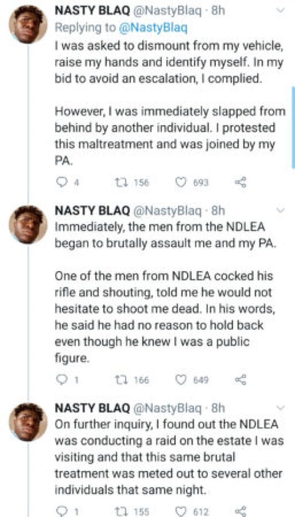 Nasty Blaq Accuses NDLEA of Assaulting Him and Others during Raid on Estate Amid DeGeneral’s Arrest