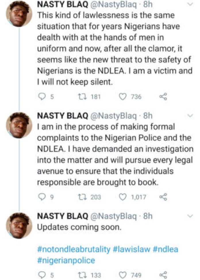Nasty Blaq Accuses NDLEA of Assaulting Him and Others during Raid on Estate Amid DeGeneral’s Arrest