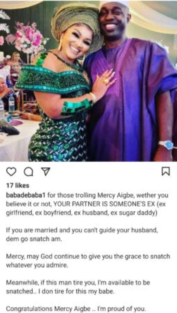 “If You Can’t Guide Your Husband Dem Go Snatch Am” – Baba De Baba E Congratulates Mercy Aigbe; Tells Her To “Snatch” Whatever She Admires