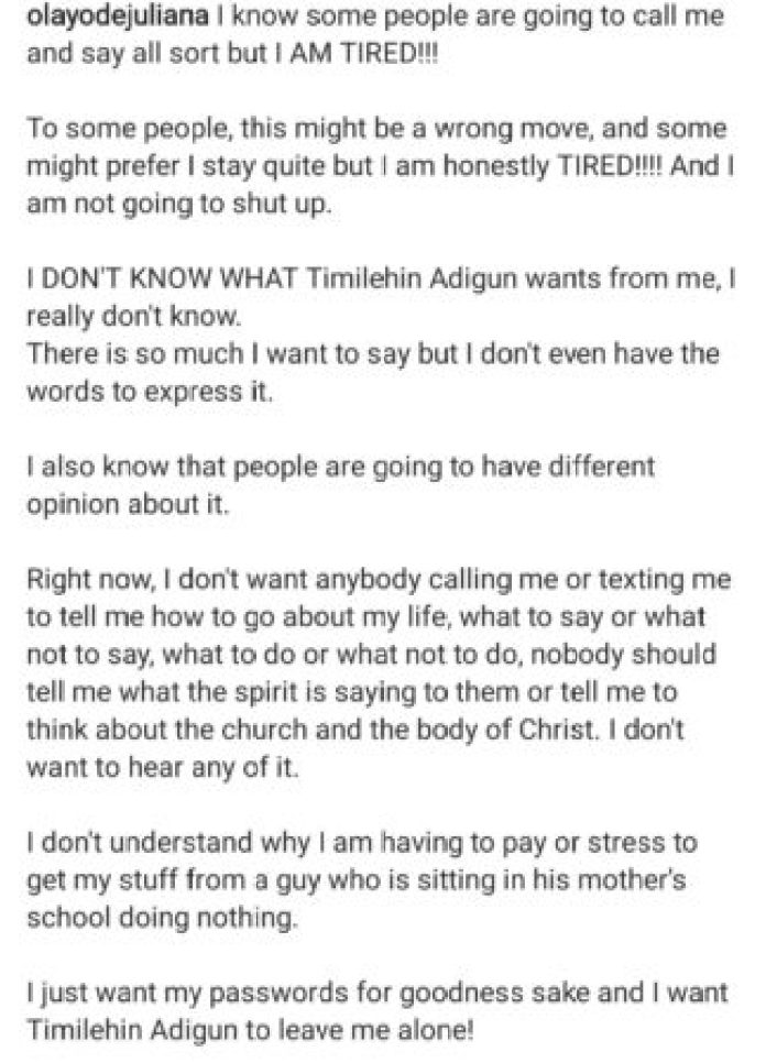 “I Just Want My Passwords, Stop Impersonating Me!” – Juliana Oloyede ‘Toyo Baby’ Calls Out Pastor Timilehin Adigun