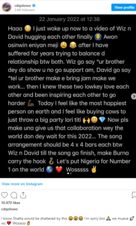 “I know Shatta would be shattered by this” – 2face, CDQ Reacts To Wizkid, Davido’s Reconciliation