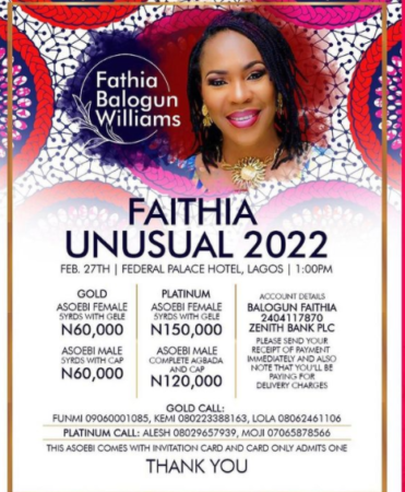 Nigerians Reacts As Faithia Balogun Reveals Aso Ebi Package Of Up To N150k For Birthday Bash