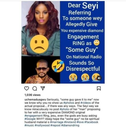 Uche Maduagwu Cajoles Seyi Shay For Referring To Her Supposed Fiancé As ‘Some Guy’