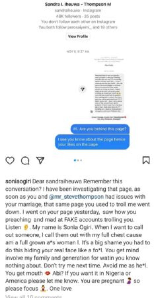 Actress, Sonia Ogiri Drags Sandra Iheuwa For Being Behind A Fan Account Used To Troll Her