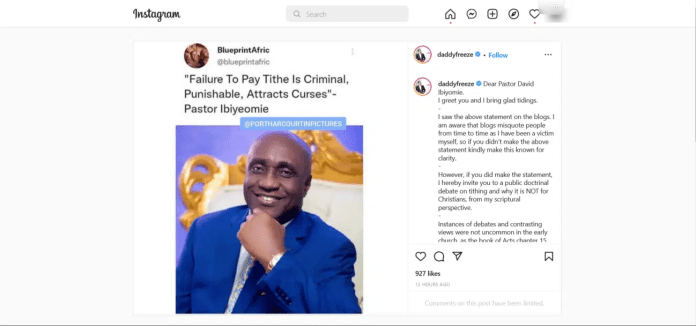 Daddy Freeze Challenges Pastor Ibiyeomie To A Doctrinal Battle