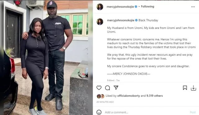 Actress Mercy Johnson And Her Husband Mourns With The Victims Of Uromi Bank Robbery