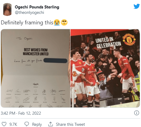 Nigerian Lady Receives Congratulatory Card From Manchester United Signed By Cristiano Ronaldo, Pogba, Others