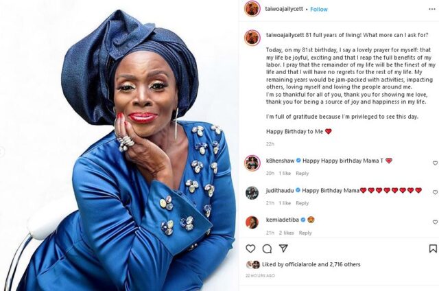 “I Pray That The Remainder Of My Life Will Be The Finest Of My Life” –  Taiwo Ajai-Lycett Writes As She Turns 81