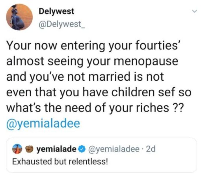 Yemi Alade responds to a man on Twitter who shamed her for not being married