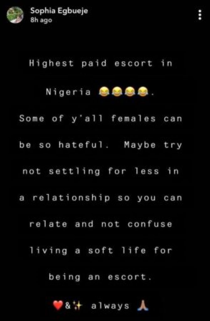 Jowizaza’s Alleged Ex-Girlfriend Sophia Egbueje Reacts To Being Labelled The ‘Highest-Paid Escort In Nigeria’