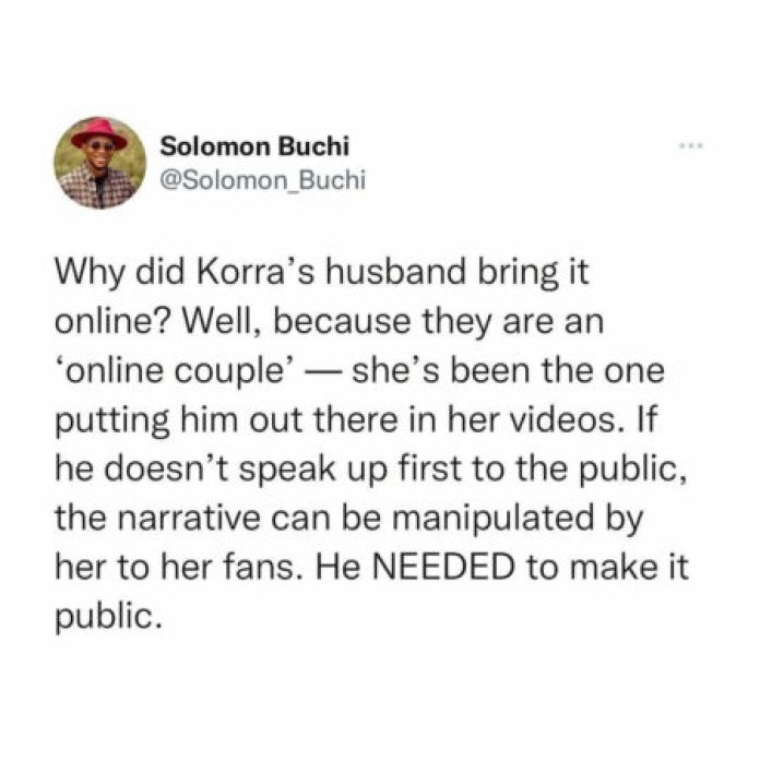 “Korra Would’ve Changed The Narrative To Suit Her” -Writer Solomon Buchi Sides With Korra Obidi’s Husband After He Announced Their Divorce Online