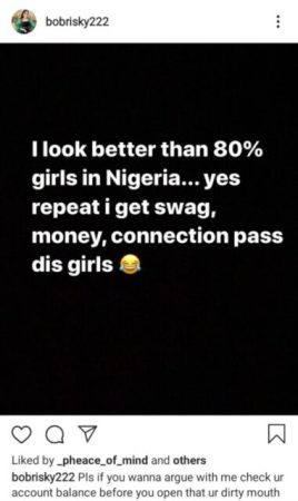“I look better than 80% of girls in Nigeria” – Bobrisky Finally speaks hours after a lady shared his unedited photos online