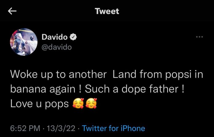 “I’m boutta build some crazy shit for the kids”- Davido Gushes as His Dad Gifts Him A Piece Of Land in Banana Island