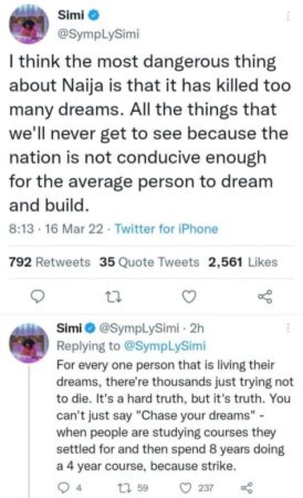 The Most Dangerous Thing About Nigeria Is That It Has Killed Too Many Dreams – Simi Says