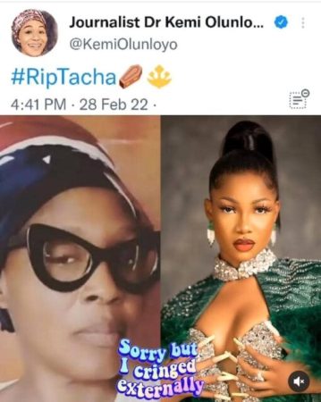 Is She Wishing Tacha Dead? – Reactions as Kemi Olunloyo Writes RIP Against BBNaija Tacha’s Name On Twitter