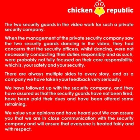 The Dancing Security Guards: “We Didn’t Sack Them” – Chicken Republic Issues Statement