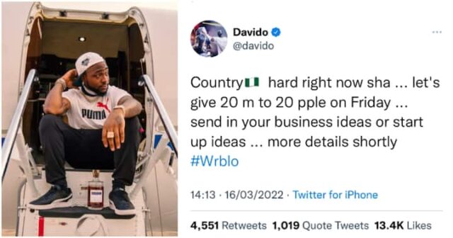 “Country Hard”- Davido Laments Set to Give Out N20m to 20 Fans [DETAILS]