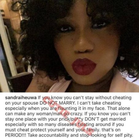I Can’t Take Cheating – Sandra Iheuwa Savagely Replies Her Husband, Steve Thompson For Saying Marriage Is Not For Crazy People
