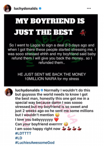 “Boyfriend Abi Manfriend’ – Actress Luchy Donalds Receives Knocks For Saying Her Boyfriend Credited Her N10m To Release ‘Stress’
