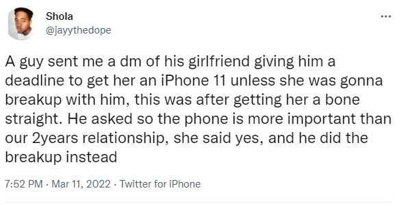 Man Breaks Up With Girlfriend After She Gave Him A Deadline To Buy Her An Iphone 11 [SCREENSHOT]