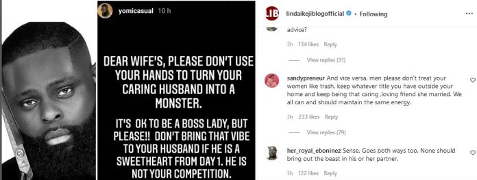 “Talk to your wife direct no dey cut corners” -Yomi Casual receives knocks over his reaction on Korra Obidi’s Marital crisis