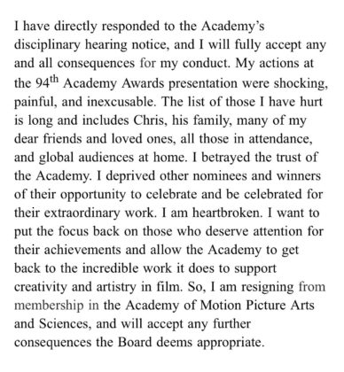 Will Smith Resigns From Oscars' Academy Over Slap