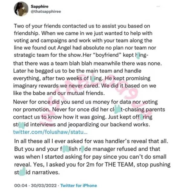 BBNaija’s Angel dragged through the mud as her former social media handlers filthily drags her after she played them ‘dirty’