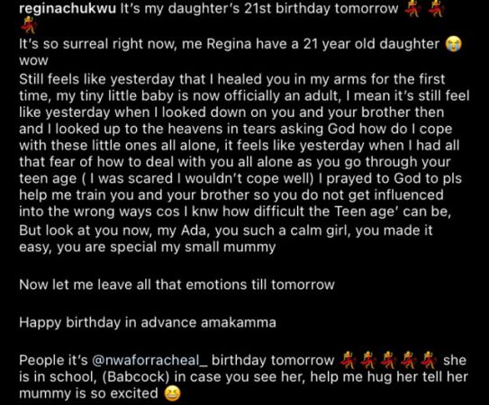 “I was asking God how I’ll cope with these little children”- Regina Chukwu Reminisces On Her Husband’s Death As Her Look-Alike Daughter Clocks 21